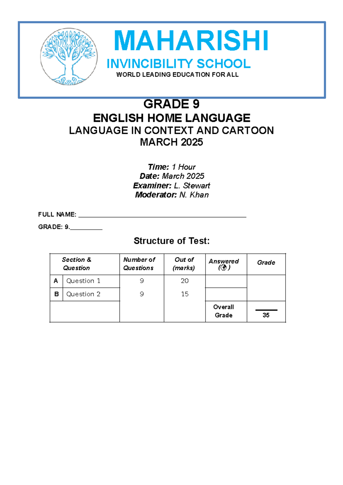 Grade 9 English Term 1 Cycle Test: Language & Visual Text Analysis ...