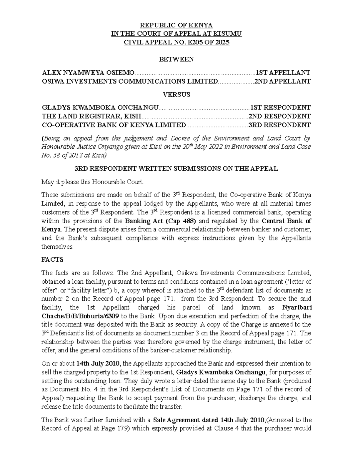Civil Appeal No. E205 of 2022: Osiemo vs. Onchangu - 3rd Respondent ...