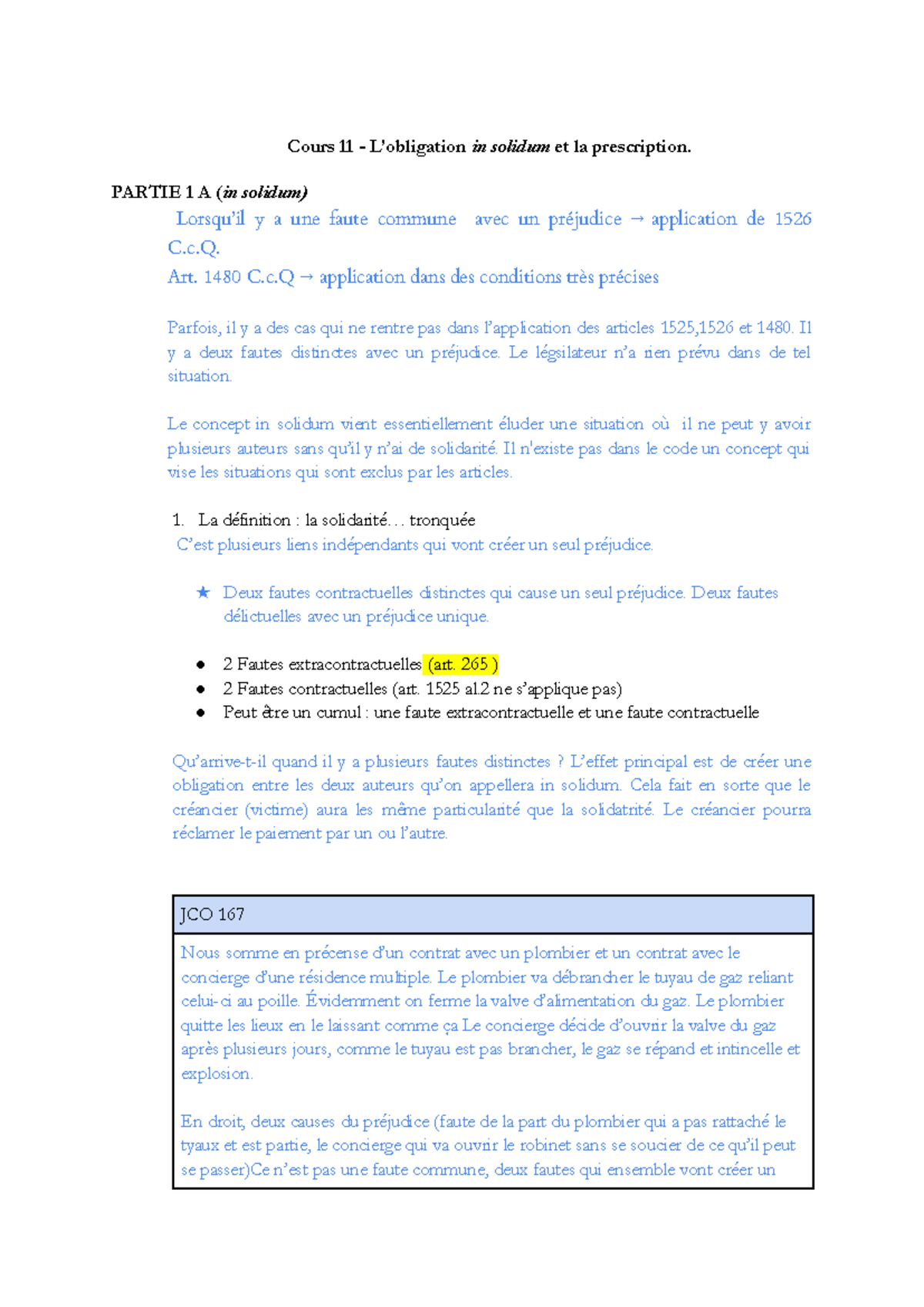 Cours 11 - L'obligation in solidum et les délais de prescription - Studocu