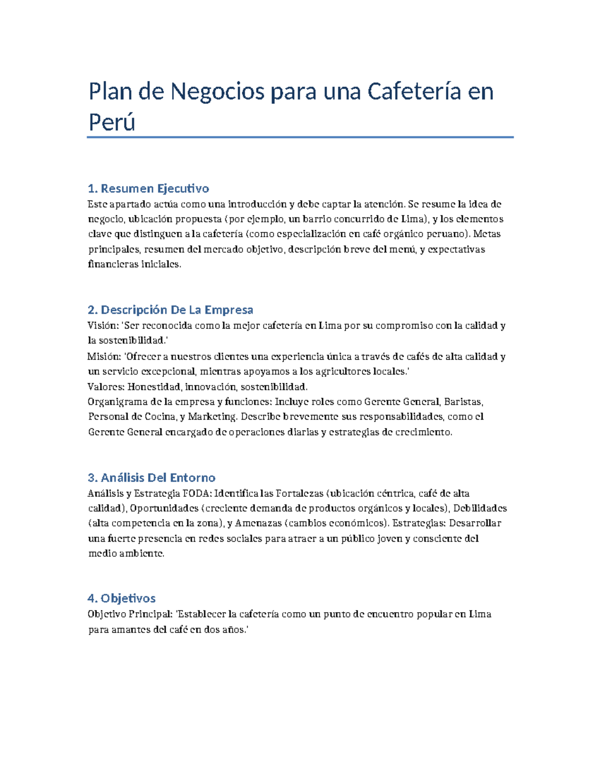Plan de Negocios para Cafetería en Perú: Estrategias y Objetivos - Studocu