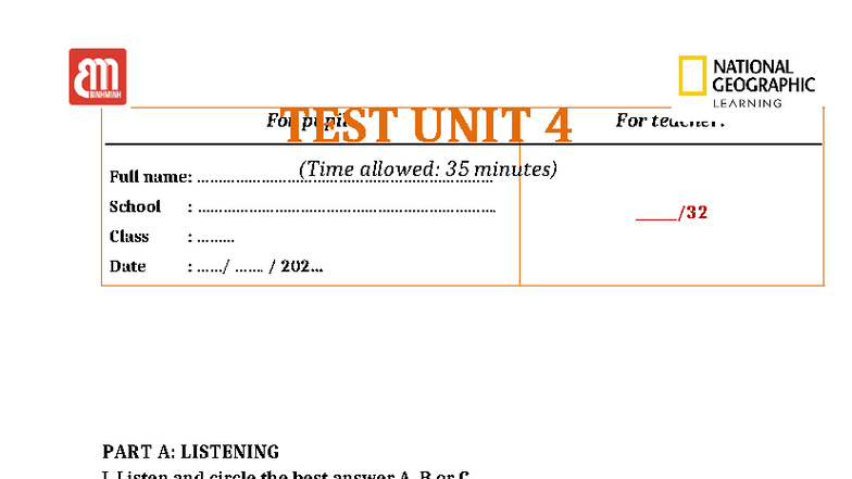 TA 5 - WW - Listening & Reading Test Unit 4 - 75 Min - Studocu