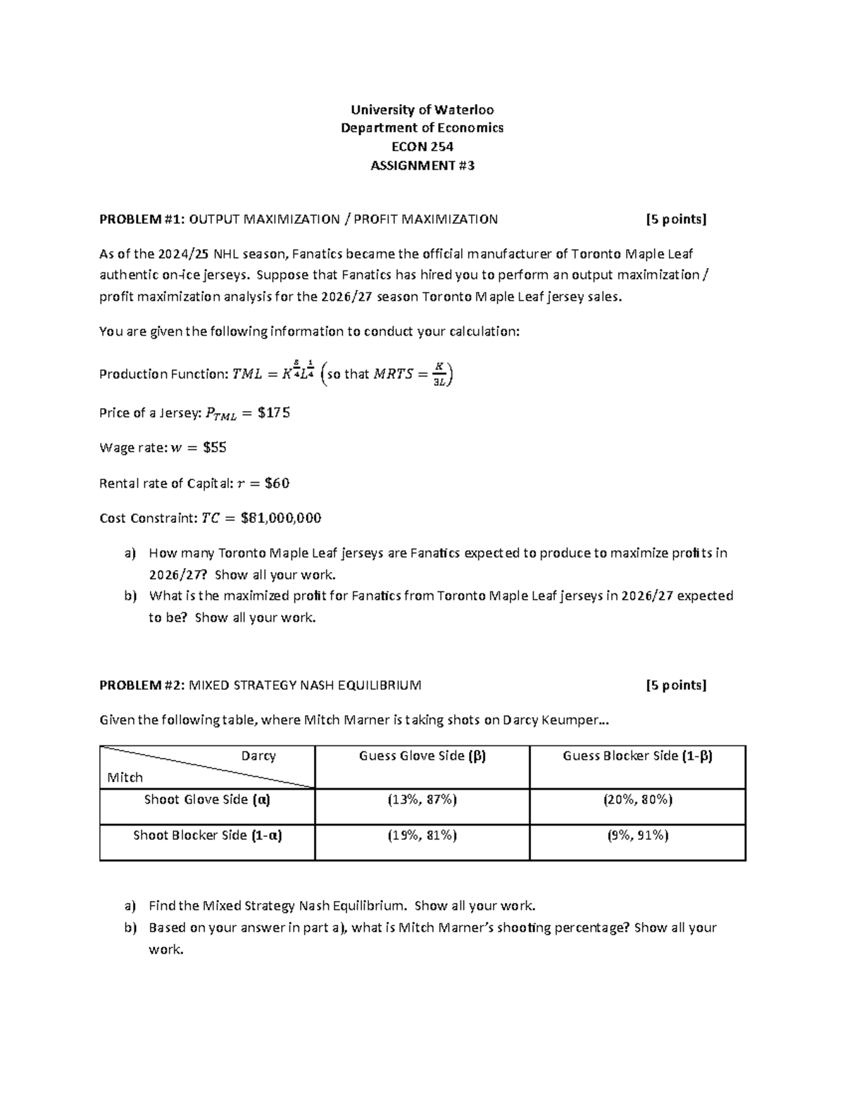 ECON 254 Assignment 3b: Output & Profit Maximization Analysis - Studocu