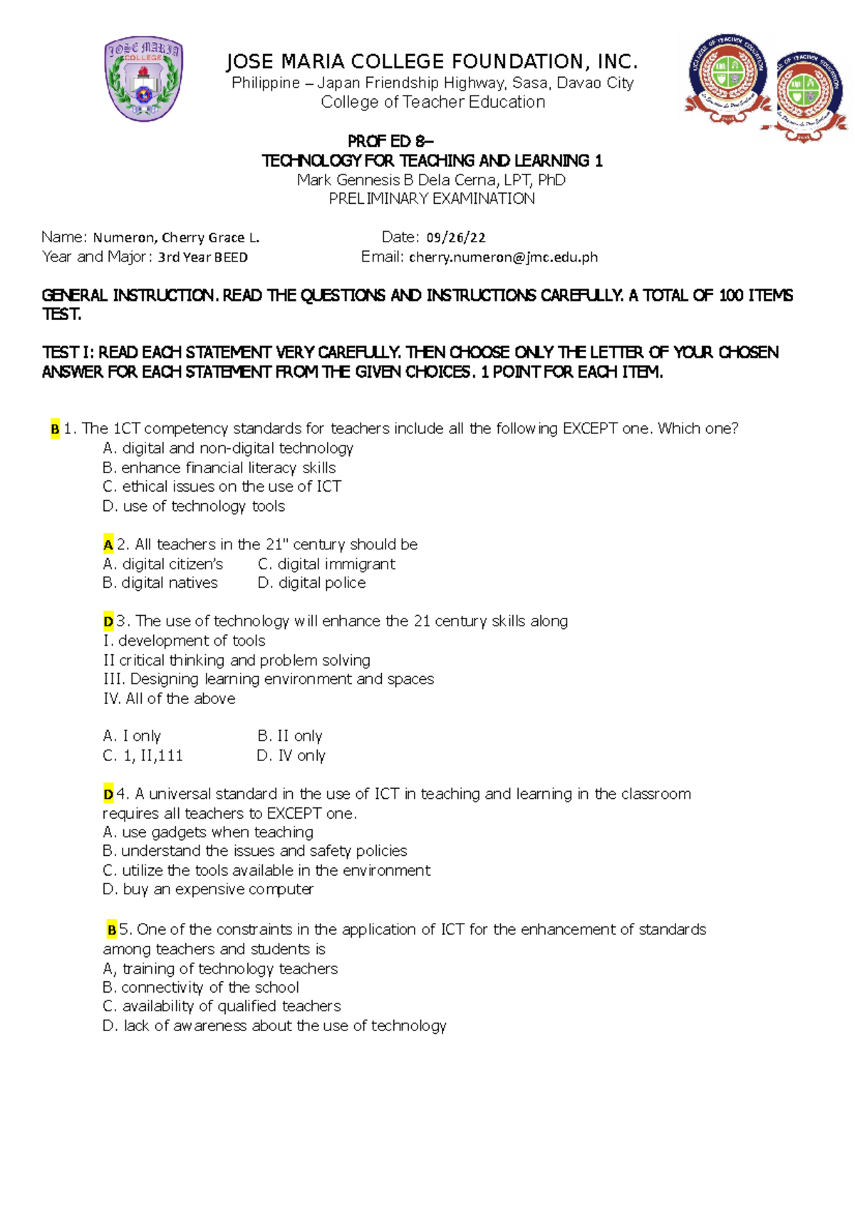 PROF ED 8 – Preliminary Examination in Technology for Teaching and ...