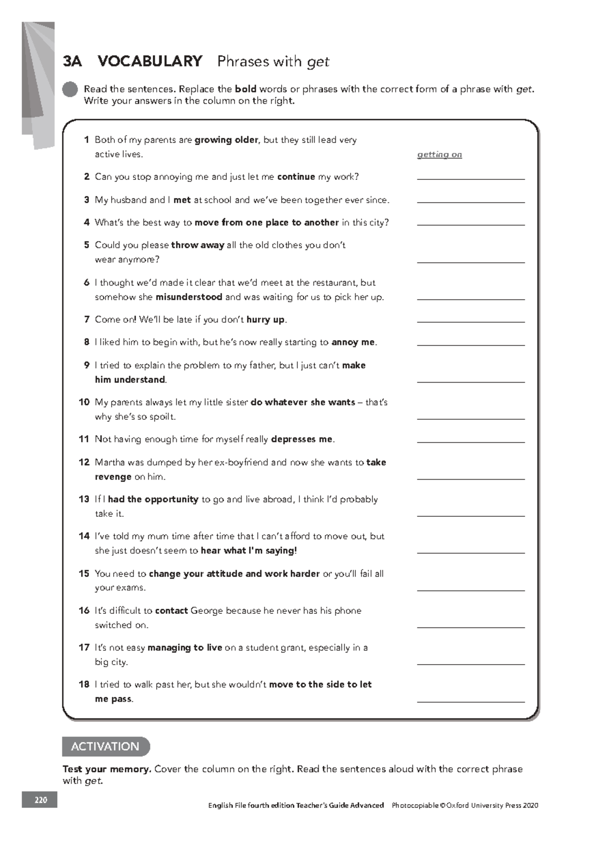 English File 4e Advanced TG PCM Vocab 3A: Phrases with Get Exercise ...