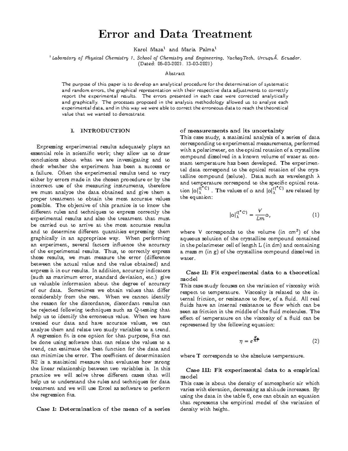 Data Treatment and Error Analysis in Systematic Measurements - Studocu