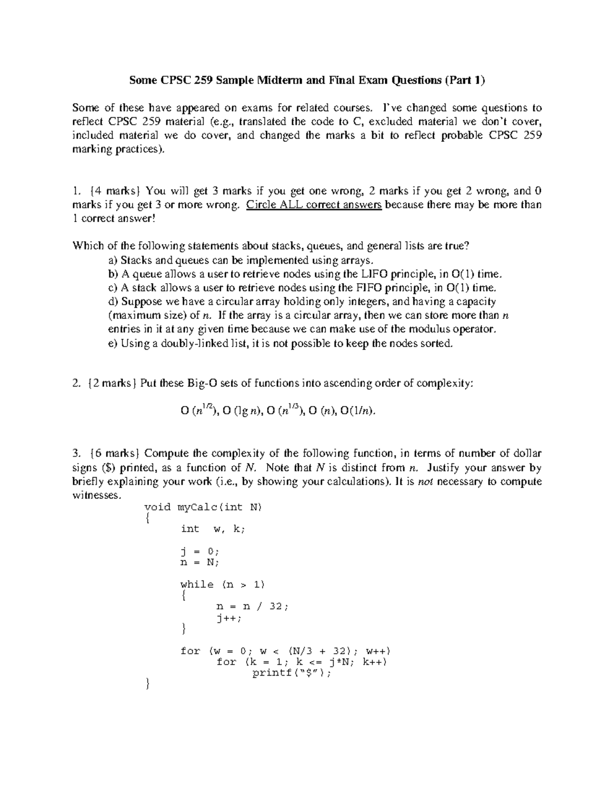 CPSC 259 Sample Midterm & Final Exam Questions (Part 1) - Studocu