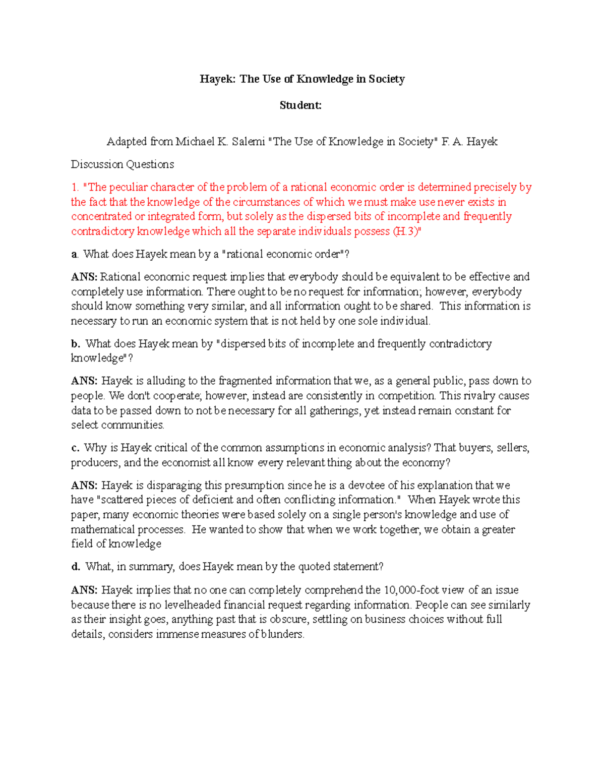 ECON 3312 - Assignment 1 Analysis: Hayek on Knowledge in Society - Studocu