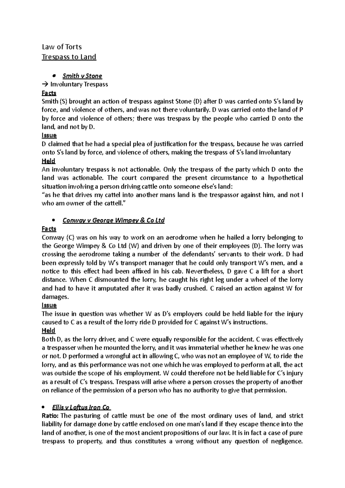Law of Torts: Overview of Trespass Torts and Key Case Analyses - Studocu