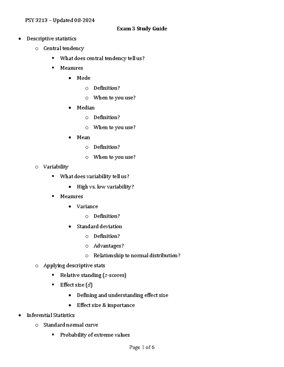 PSY 3213 Exam 3 Study Guide: Key Concepts in Stats & Research Methods ...