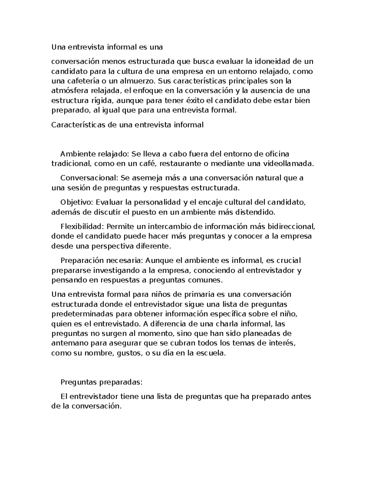 Características de la Entrevista Informal: Guía para Candidatos - Studocu