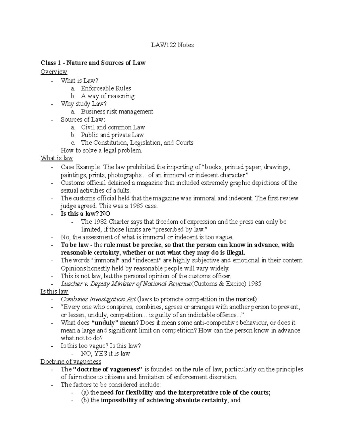 LAW 122 Notes - Week 1 - LAW122 Notes Class 1 - Nature and Sources of ...