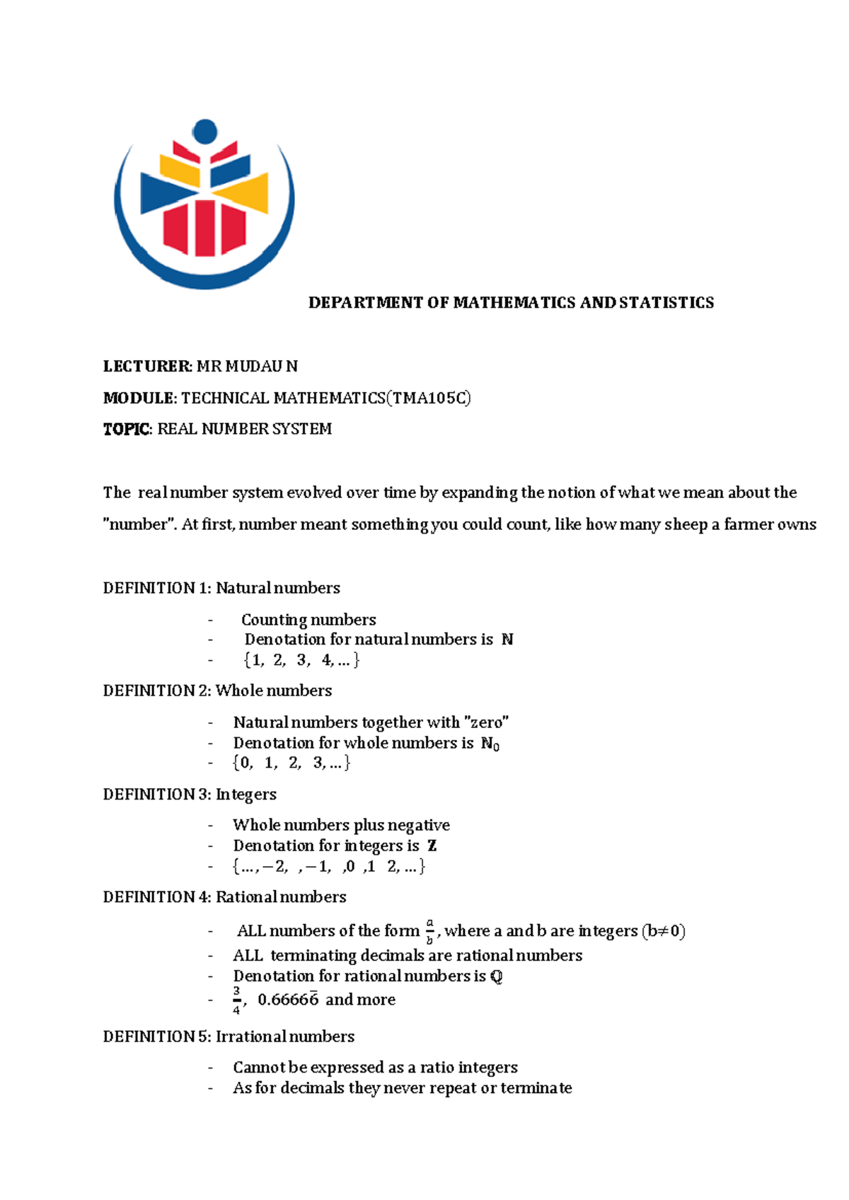 Technical Mathematics (TMA105C) Lecture: Real Number Systems - Studocu