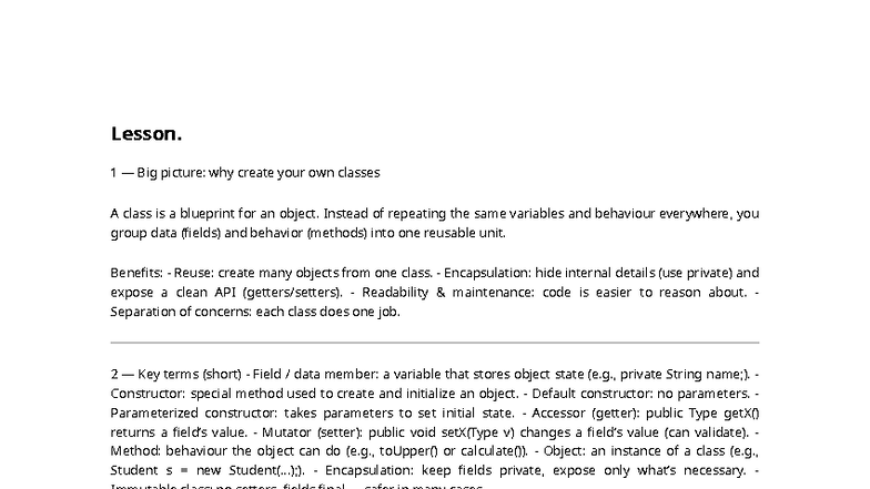 OOP Lesson Notes 5 - Creating Your Own Classes and Encapsulation - Studocu