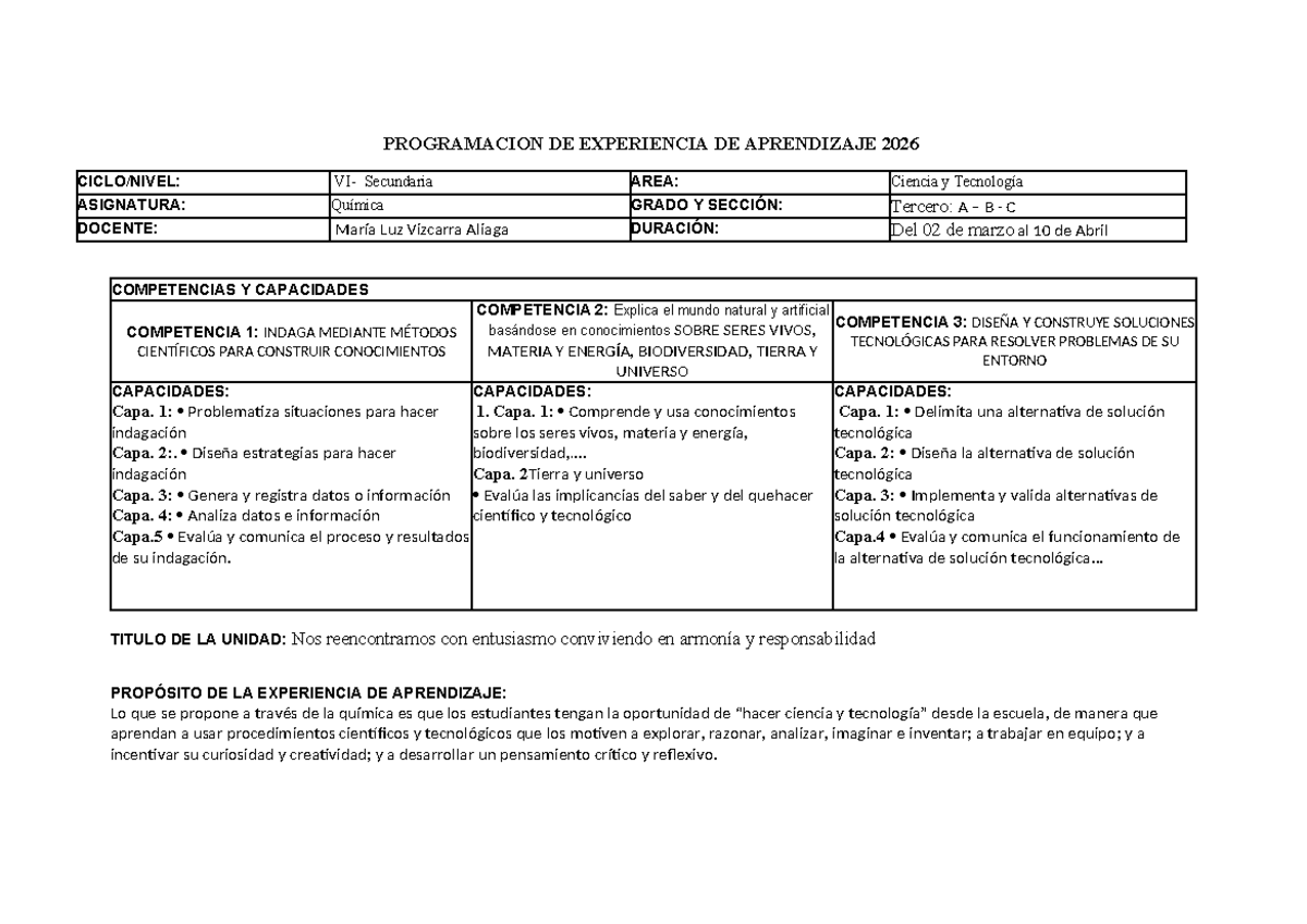 Experiencia de Aprendizaje: Unidad 1 - Materia y Energía 2026 - Studocu
