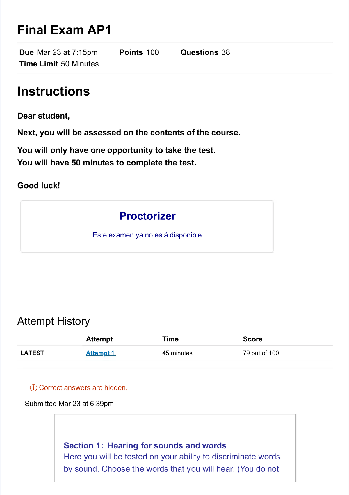 Final Exam AP1: Listening and Discrimination Skills Assessment - Studocu