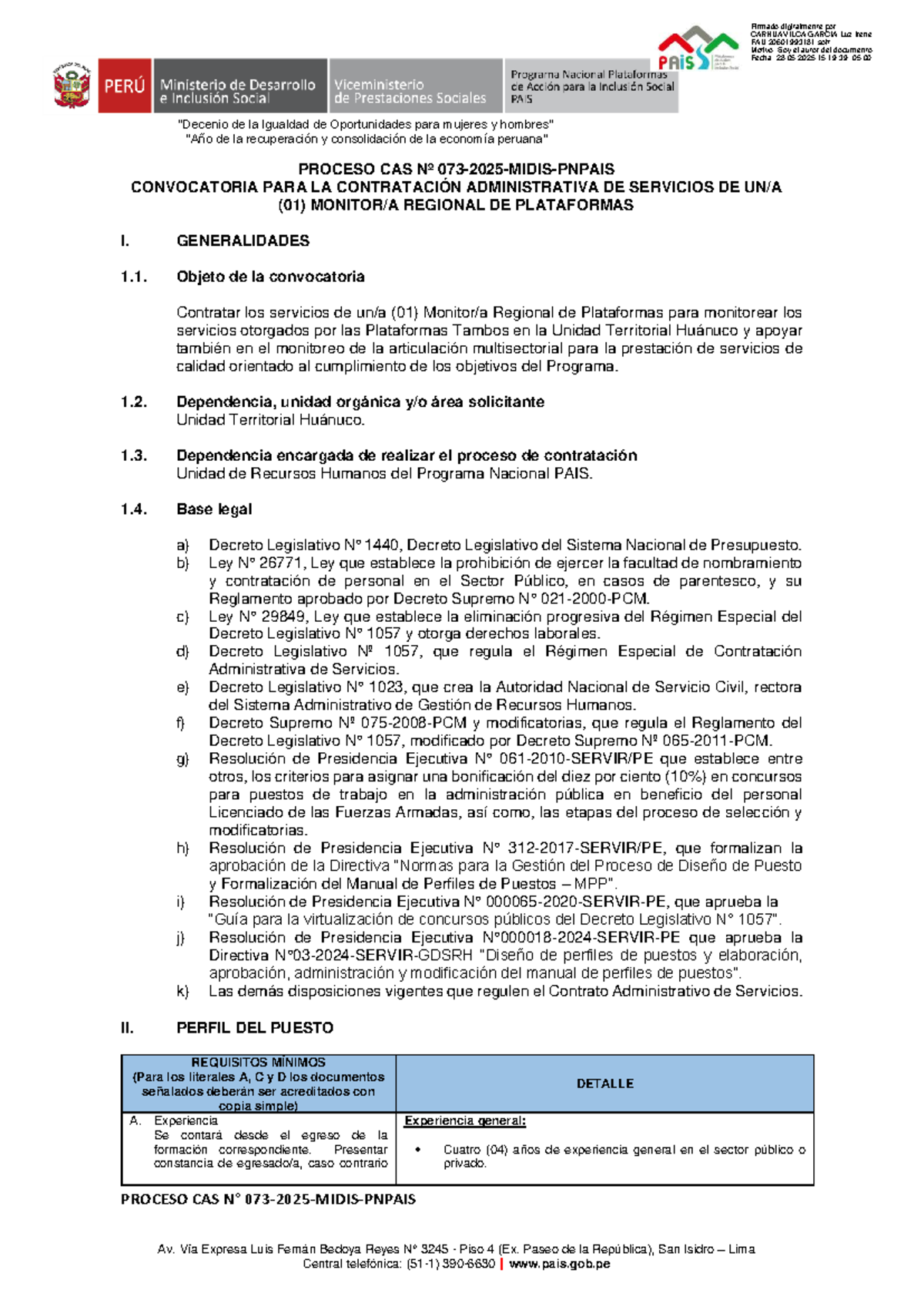 Bases del Proceso de Selección CAS 073-2025 para Contratación de ...