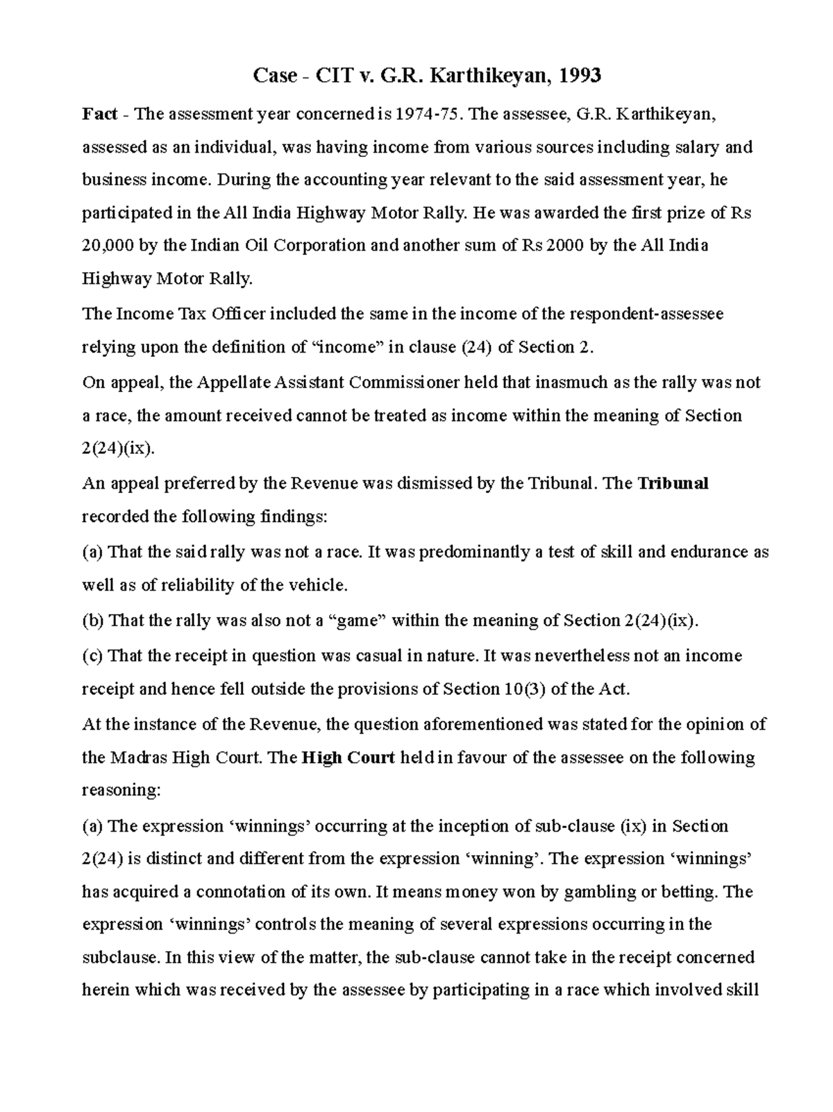 CIT v. G.R. Karthikeyan Case Study Notes on Income Tax Assessment - Studocu