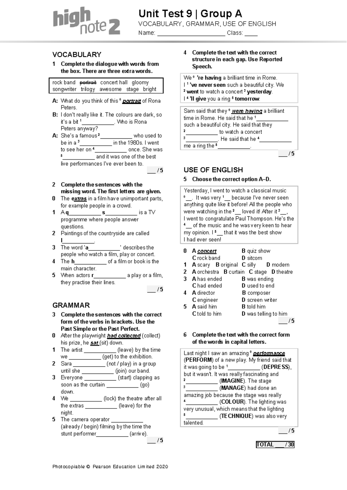 High Note 2 Unit 9 Language Test - Group A Evaluation - Studocu