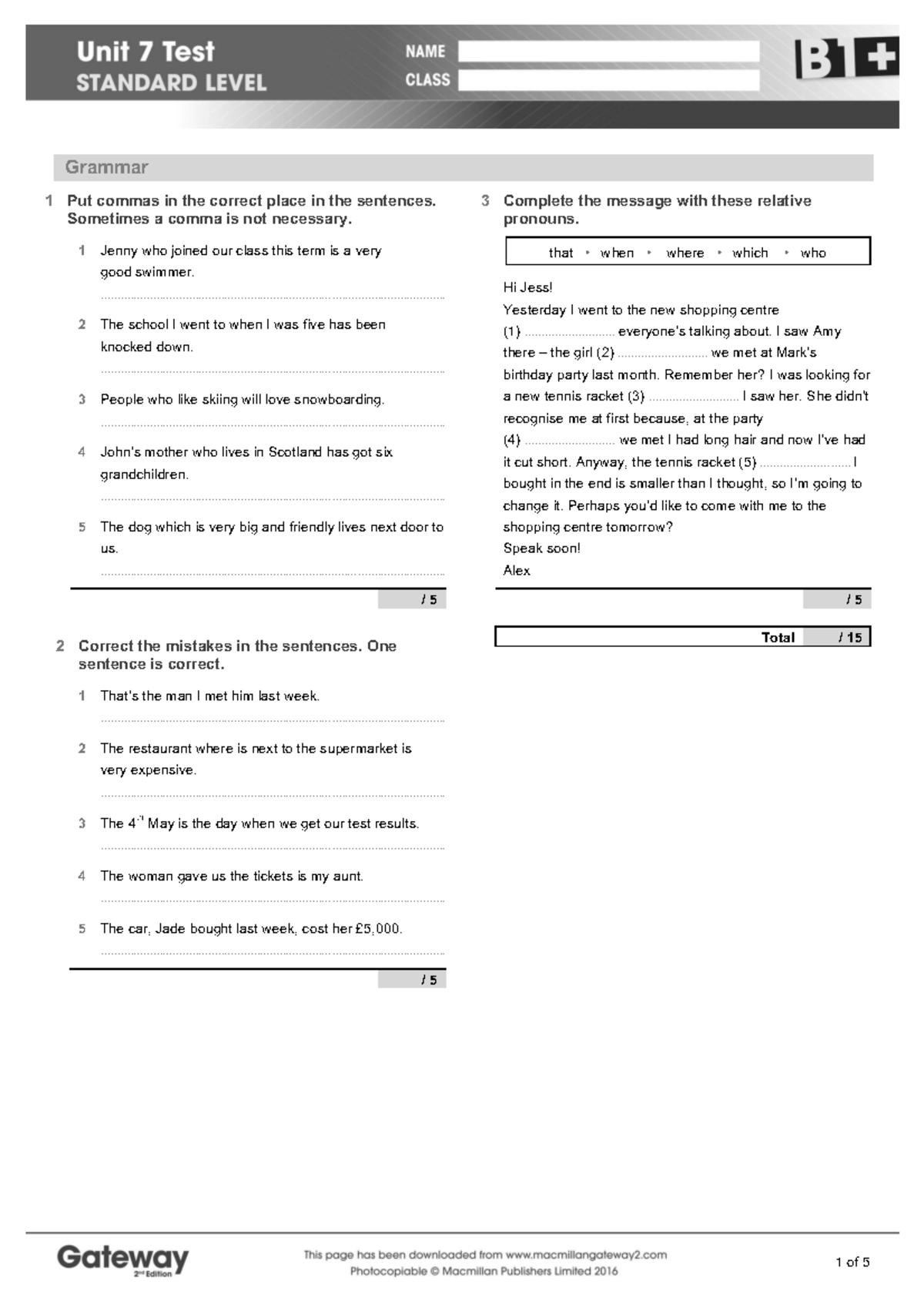 B1+ UNIT 7 Test: Grammar, Vocabulary, and Listening Exercises - Studocu