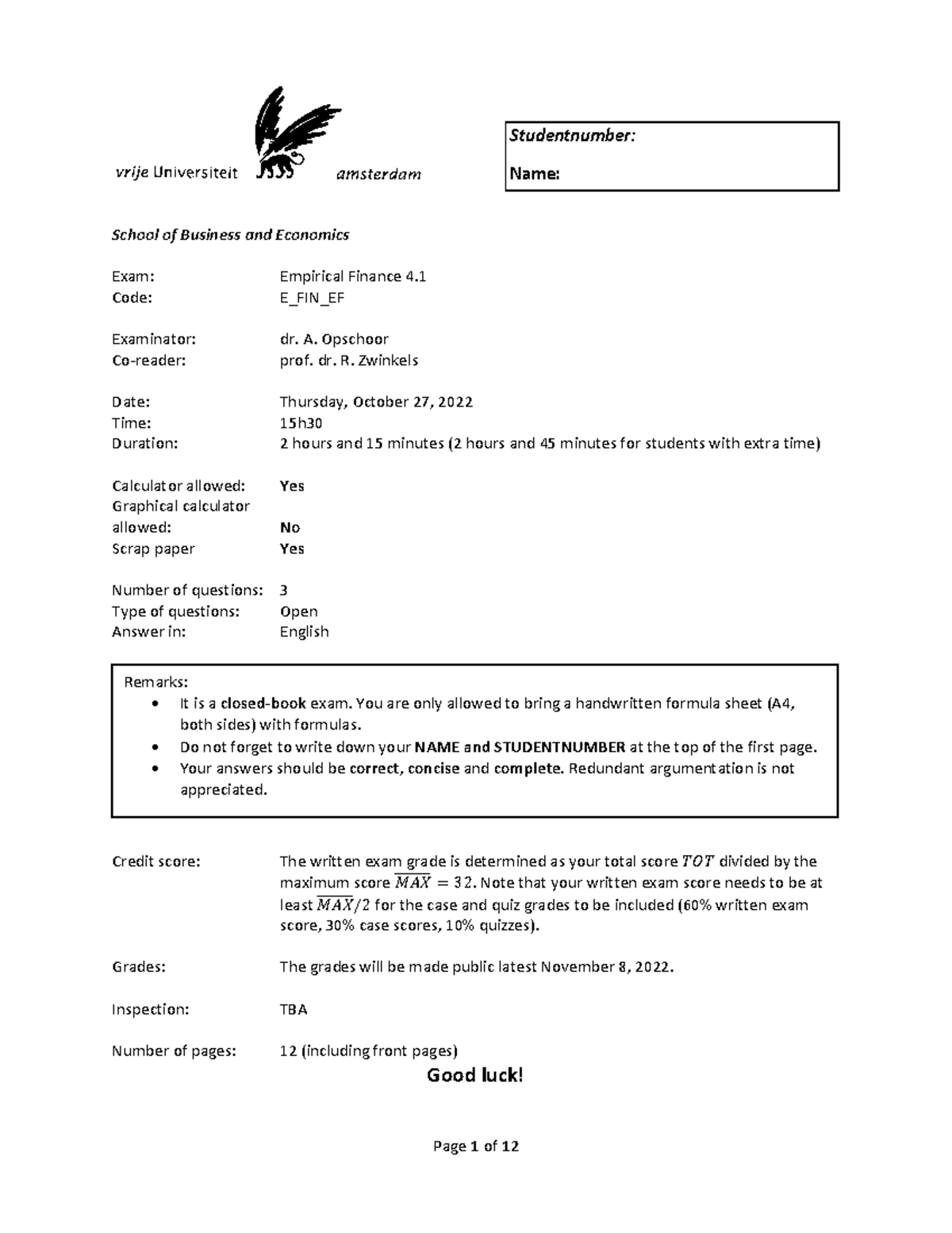 E_FIN_EF Final Exam Review: Empirical Finance Insights 2022 - Studeersnel