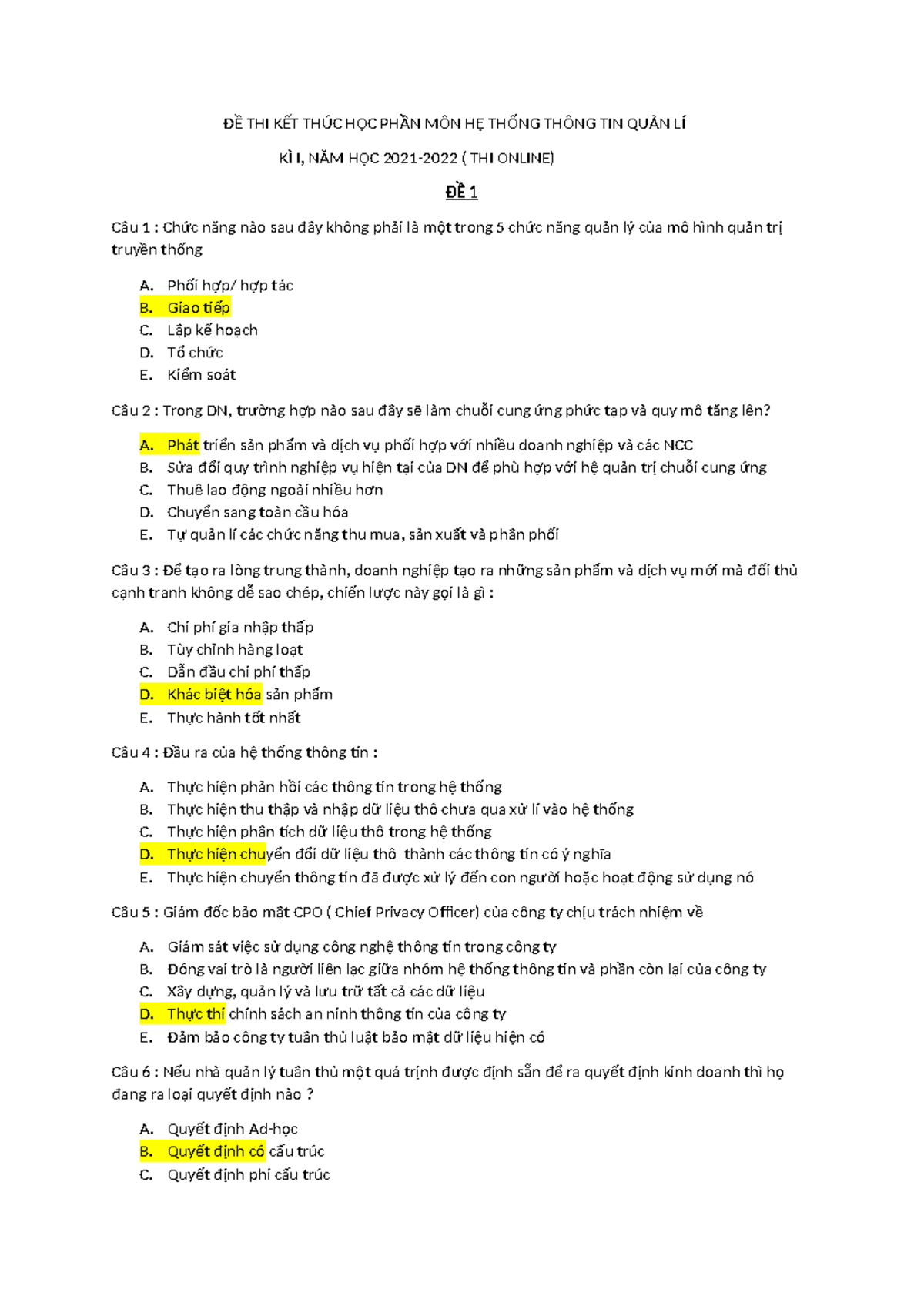 ĐỀ THI KẾT THÚC HỌC PHẦN MÔN HỆ THỐNG THÔNG TIN QUẢN LÍ KÌ I 2021-2022 - Document Preview
