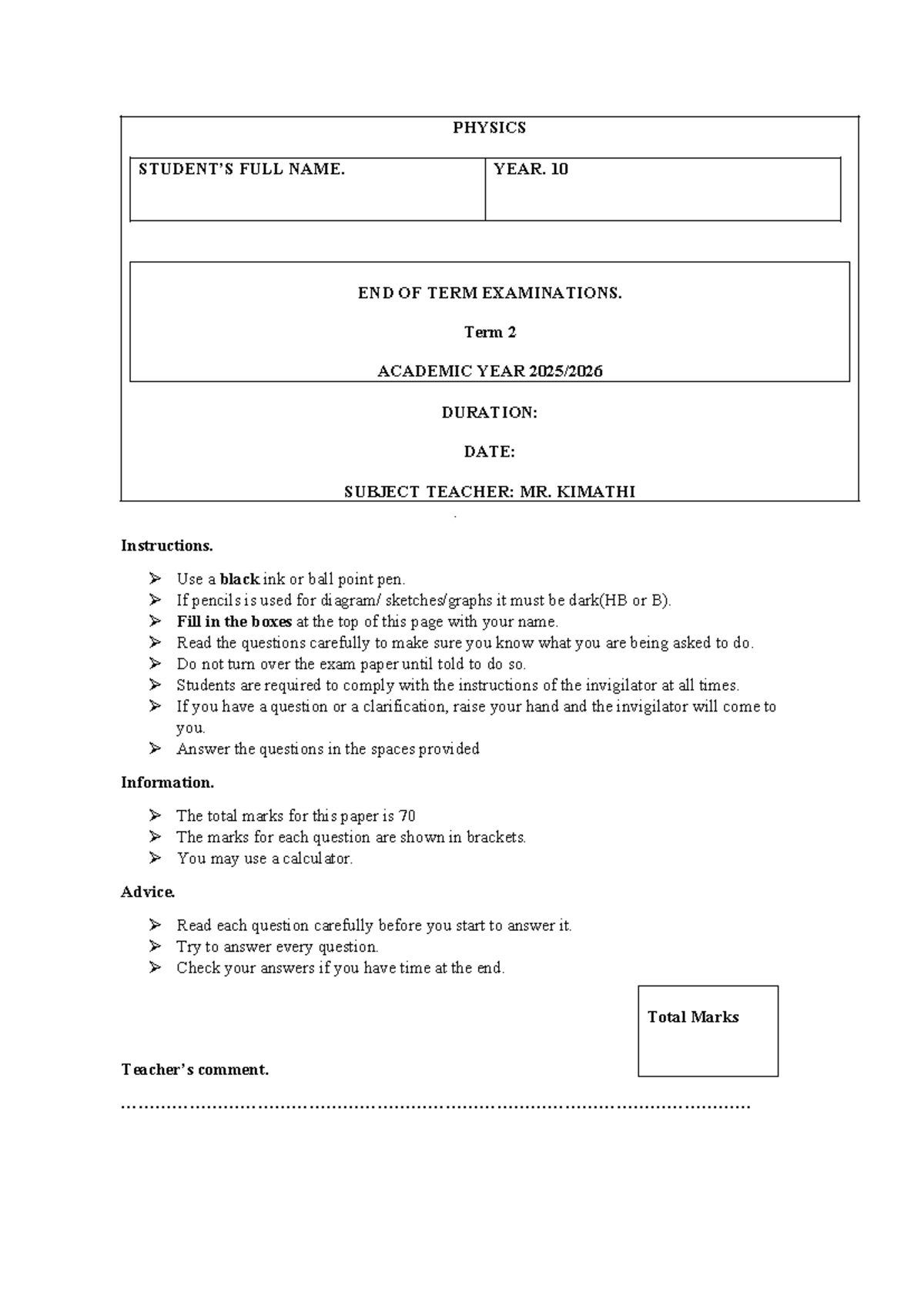 Physics Year 10 End of Term 2 Exam Paper - Studocu