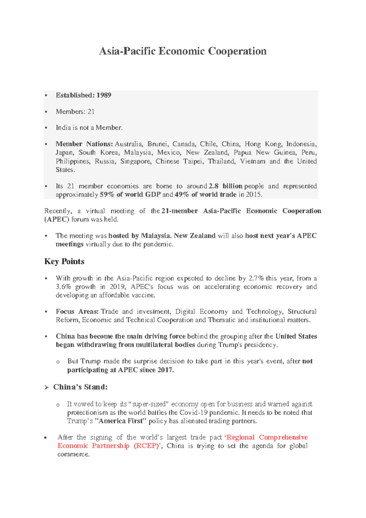 APEC Overview: Key Facts & Economic Cooperation Insights - Studocu