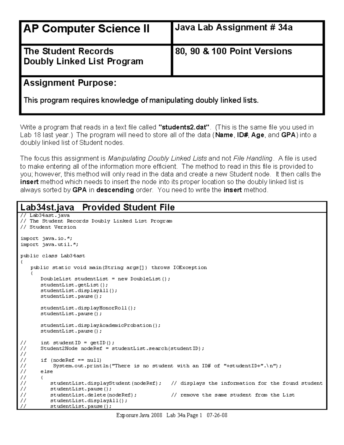 AP Computer Science II Lab 34a: Student Records Doubly Linked List ...