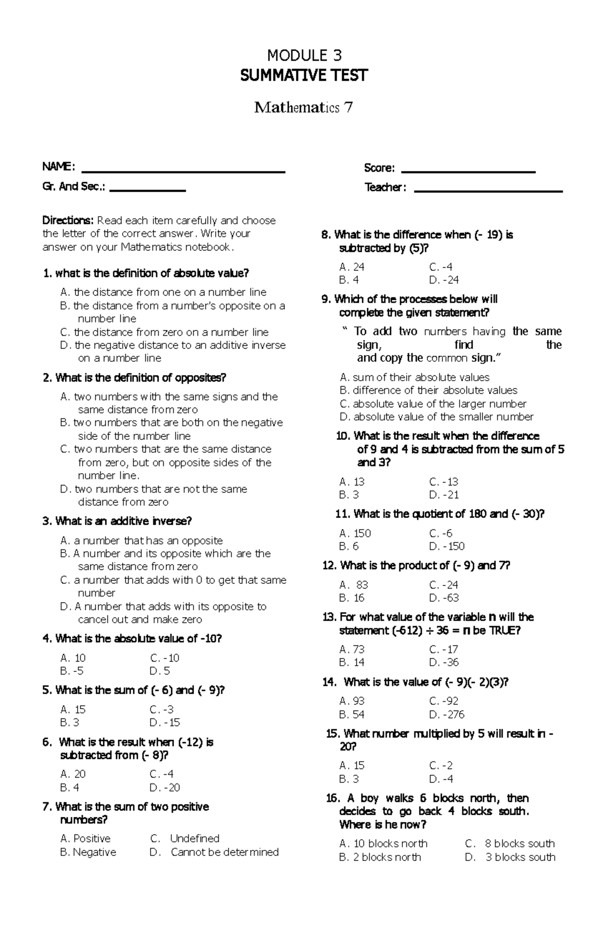 Mathematics 7 Summative Test Module 3: Comprehensive Review - Studocu