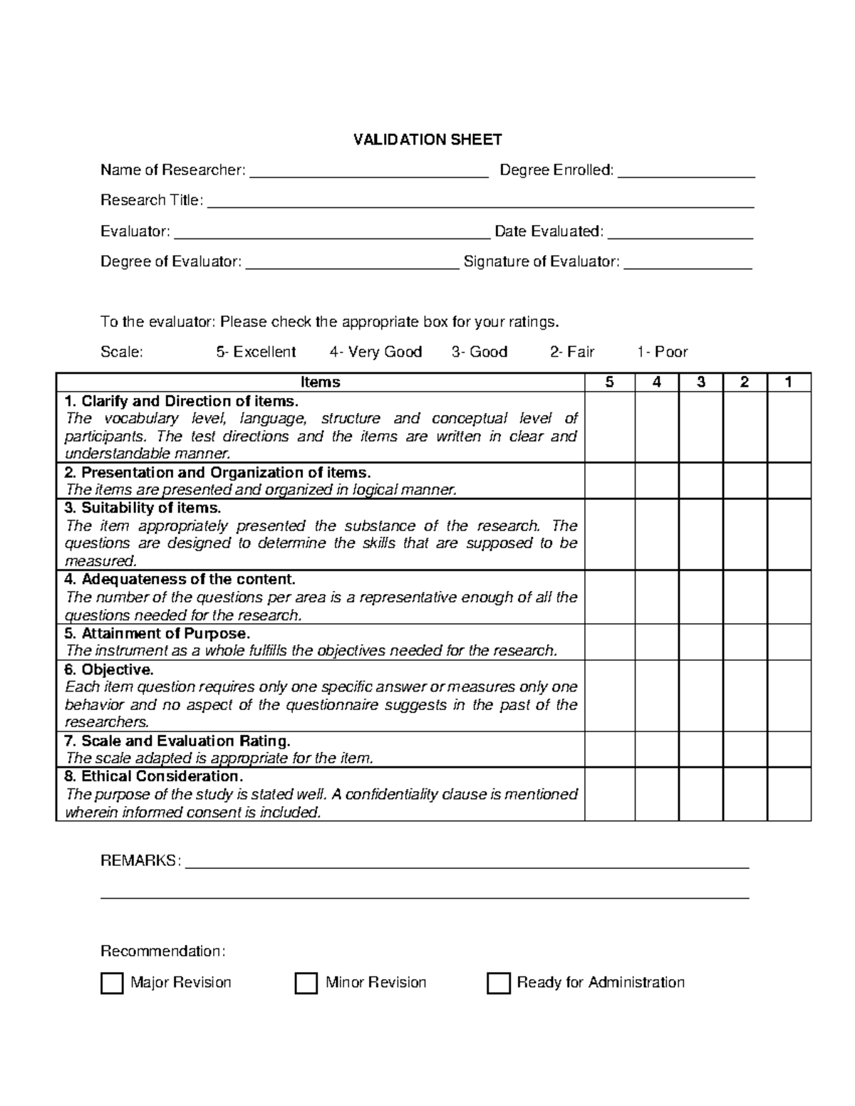 Validation Sheet for Research Evaluation - Version 1 (2024) - Studocu