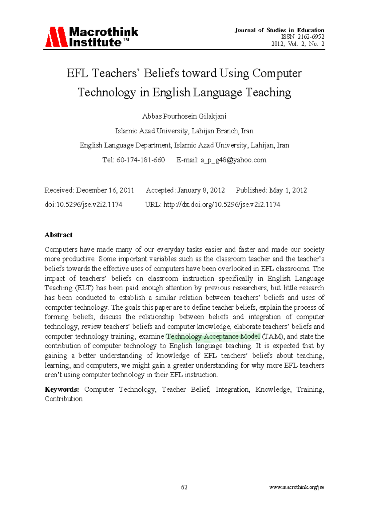 EFL Teacher Beliefs on Computer Technology in ELT: Insights and ...