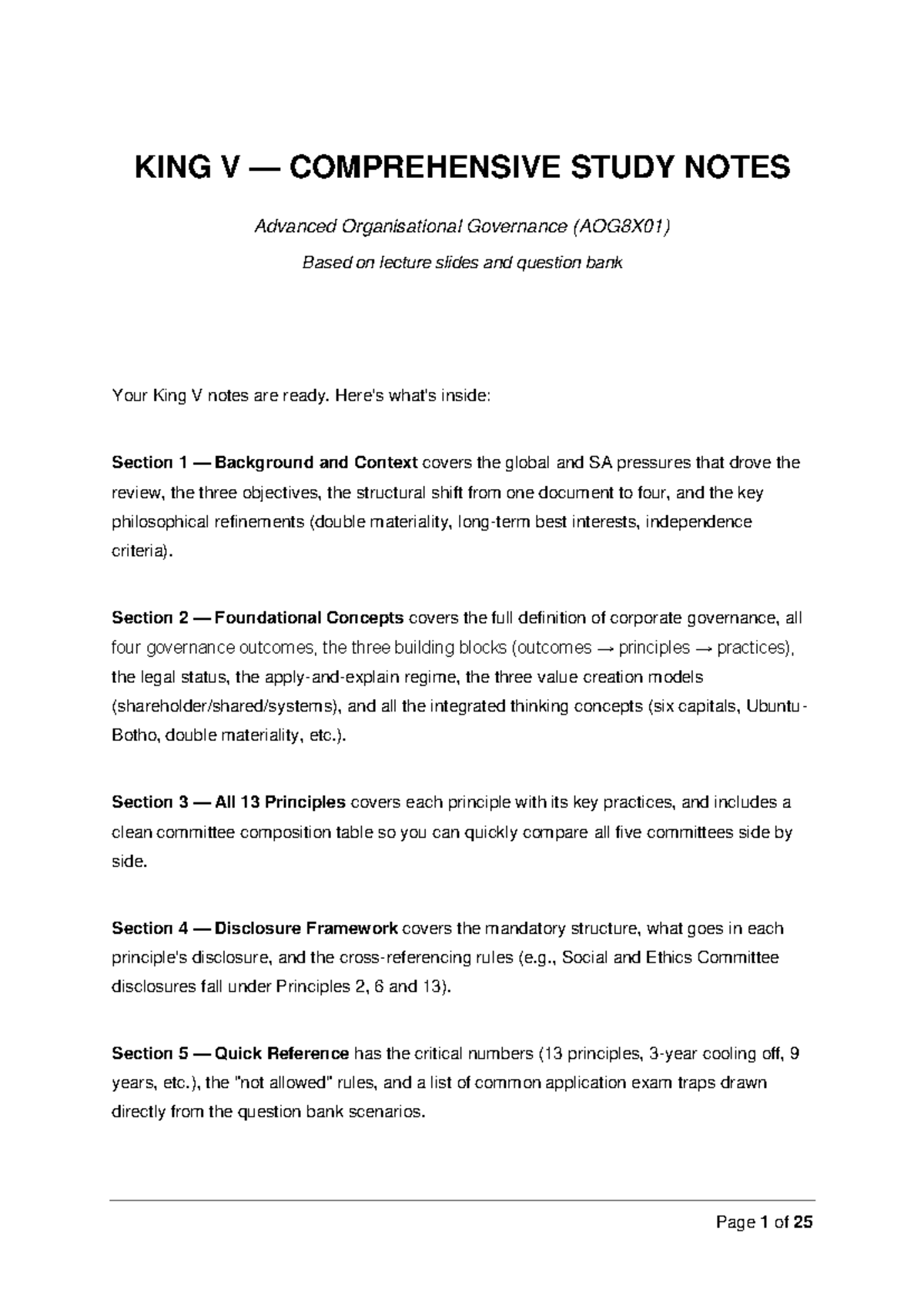 King V Comprehensive Study Notes (AOG8X01) - Governance Insights - Studocu