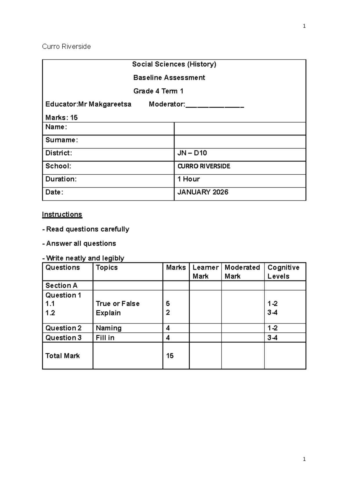Grade 4 History Baseline Assessment Term 1 - CURRO RIVERSIDE - Studocu
