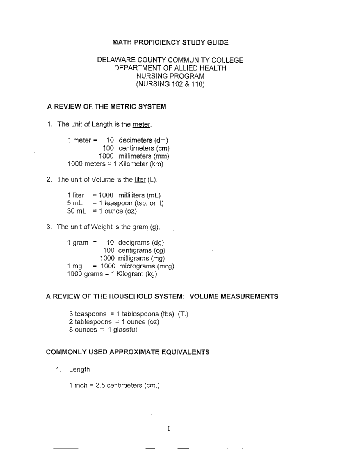 MATH 102/110: Metric & Household Measurement Study Guide - Studocu