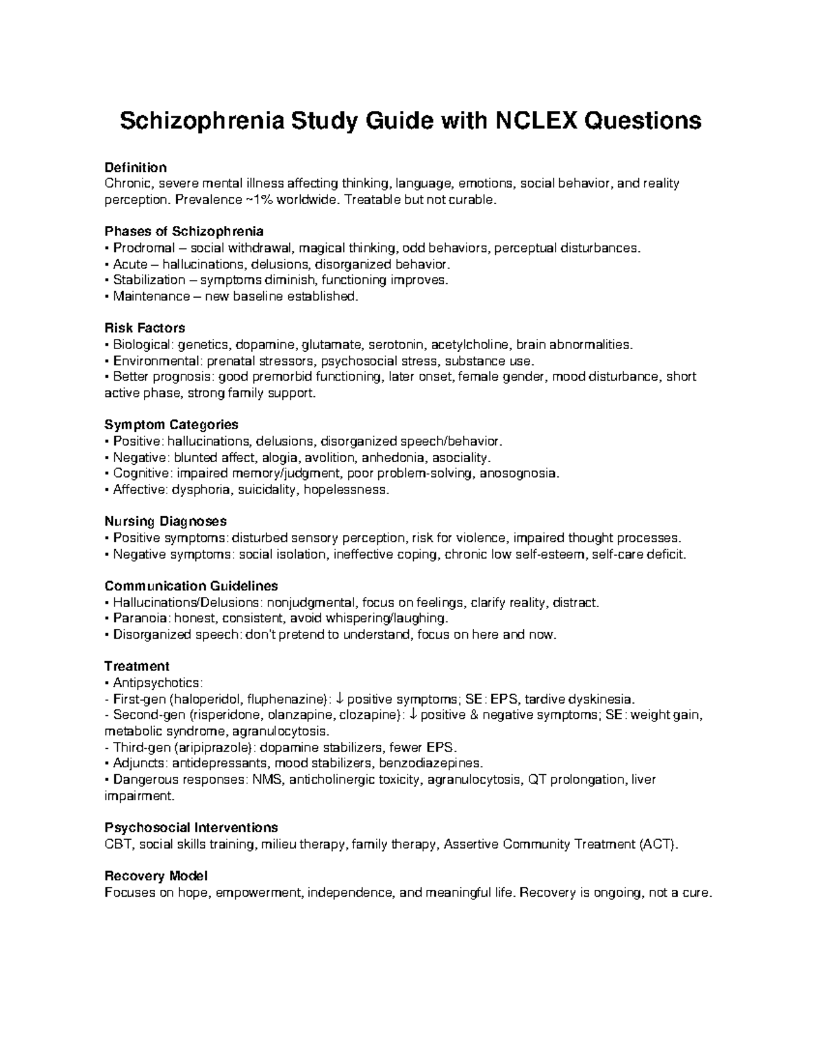 Schizophrenia Study Guide: NCLEX-Style Questions for Nursing Students ...