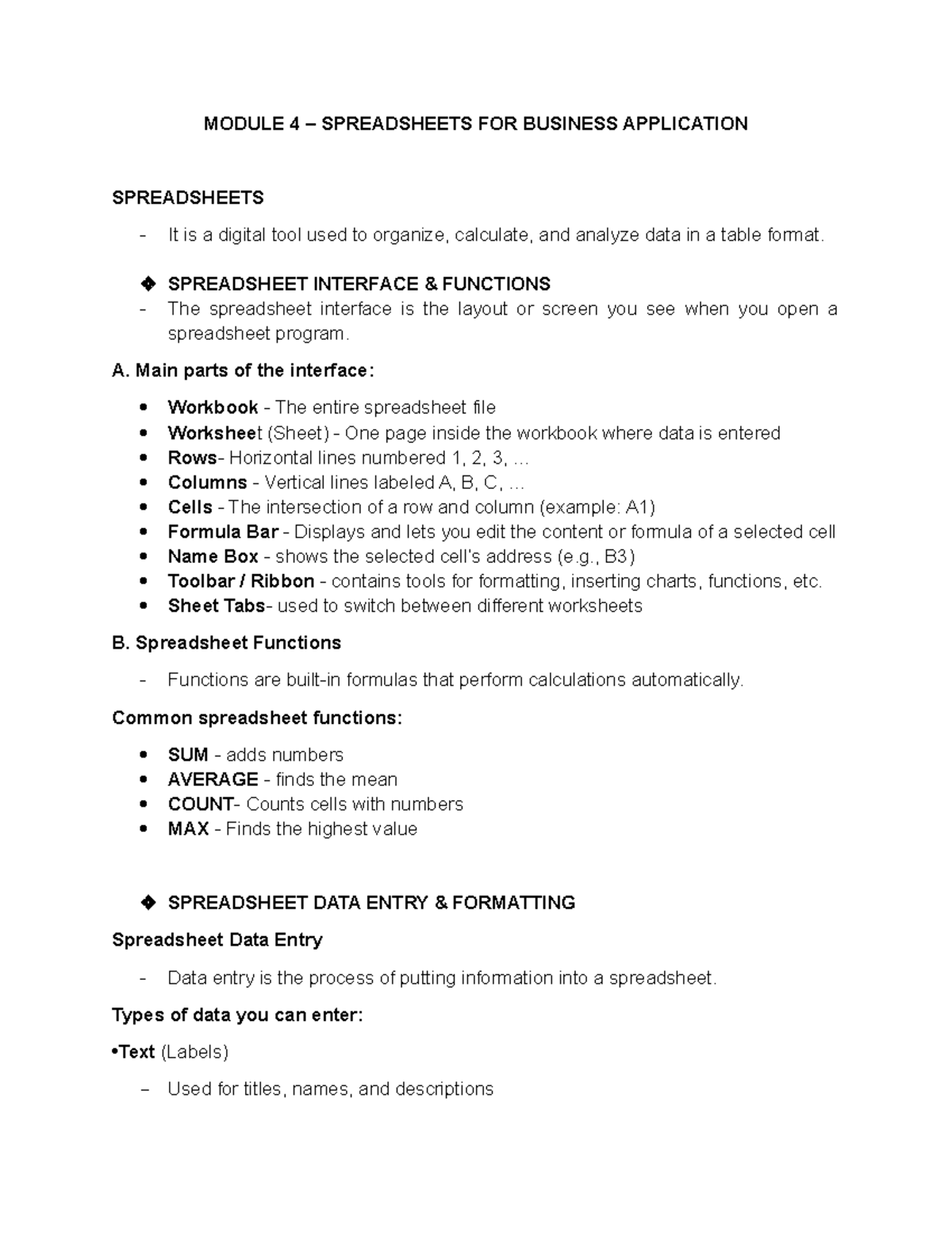 IT-Module 4: Introduction to Spreadsheets for Business Applications ...