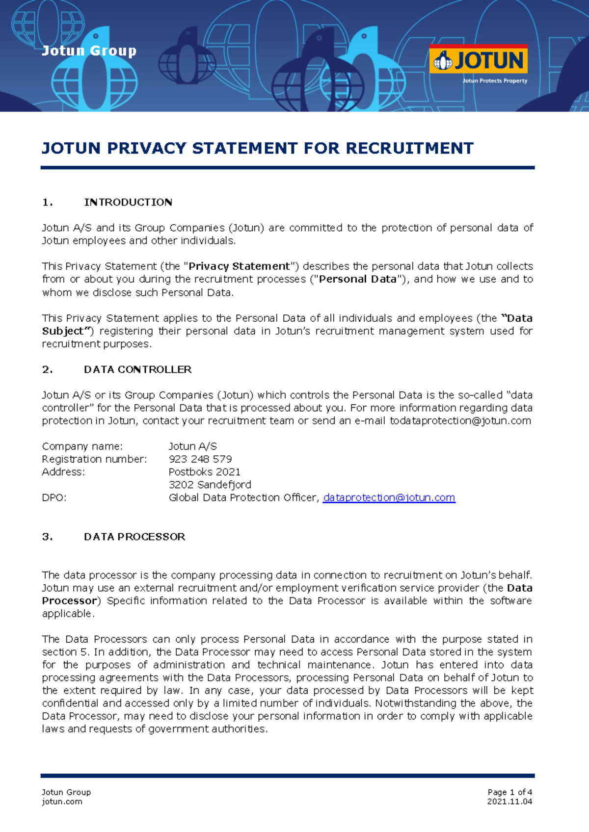 Jotun Privacy Statement for Recruitment Processes - Studocu