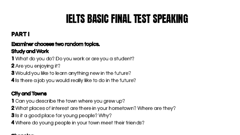 IELTS BASIC FINAL TEST SPEAKING PART I & II Guide - Studocu