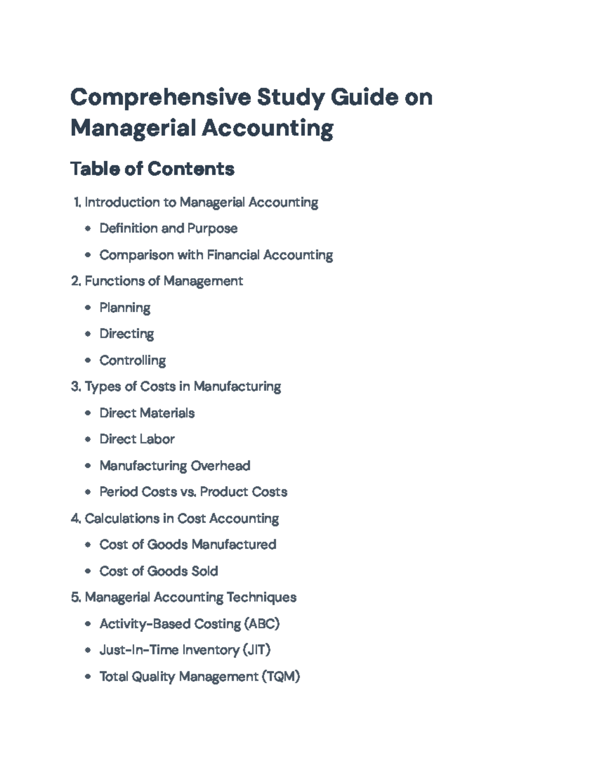 Comprehensive Study Guide on Managerial Accounting (ACC 101 ...