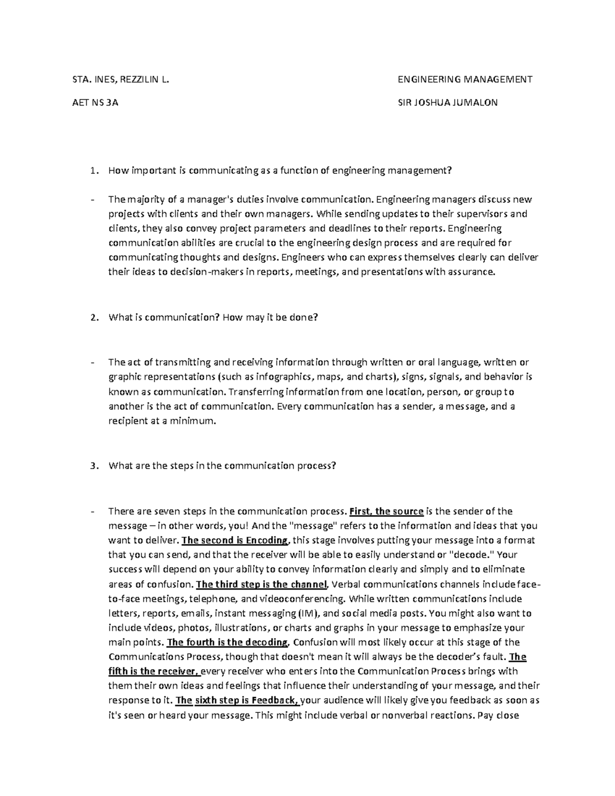 STA. INES - Engineering Management Communication Overview - Studocu