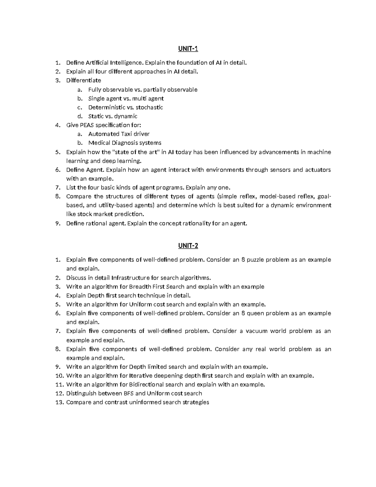 AI-question Bank - imp questions on ai mod1 mod2 - UNIT- Define ...