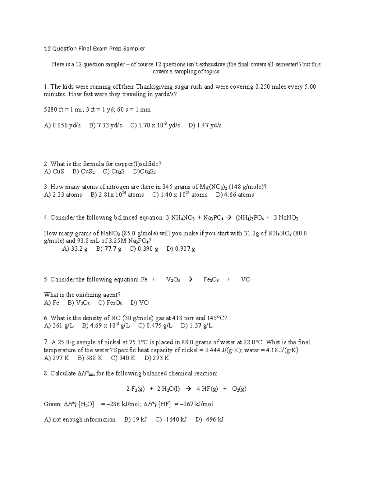 Chemistry 101 Final Exam Prep: 12 Question Sampler - Studocu