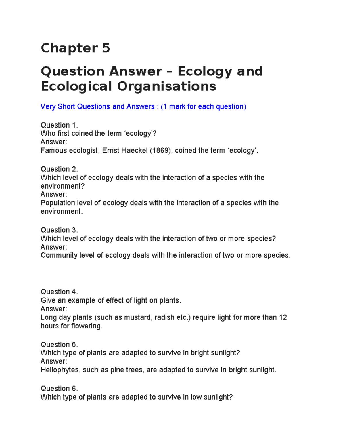 Chapter 5 Very Short Questions & Answers on Ecology (1 Mark Each) - Studocu