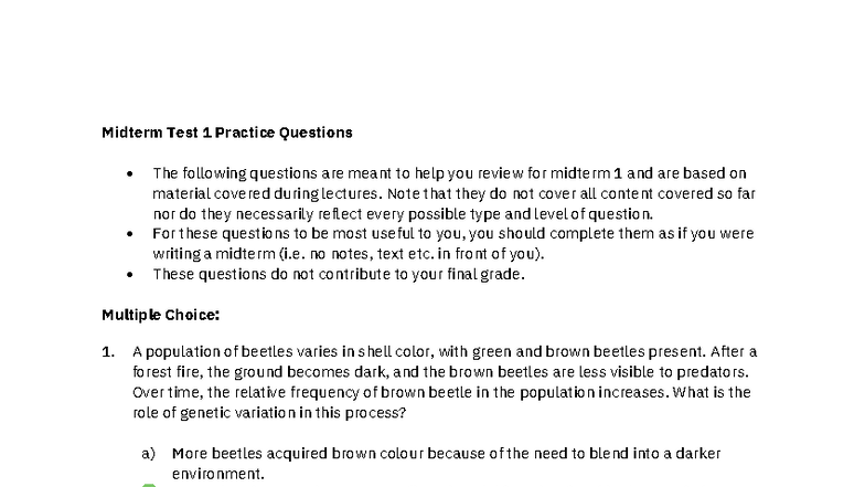 Midterm Test 1 Practice Questions for F25 Biology Course - Studocu