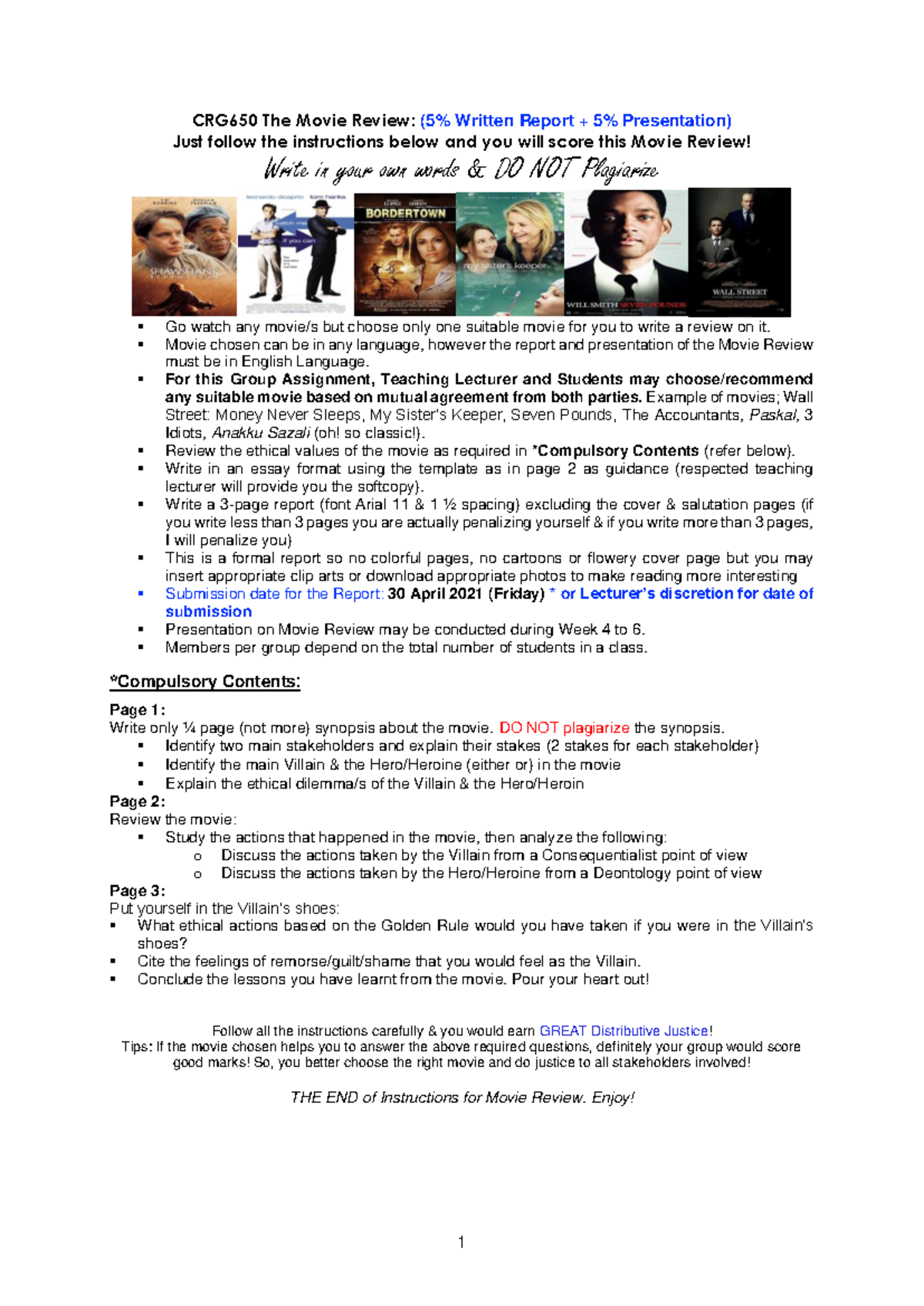 CRG650 Group Project: Comprehensive Movie Review Report Guidelines ...