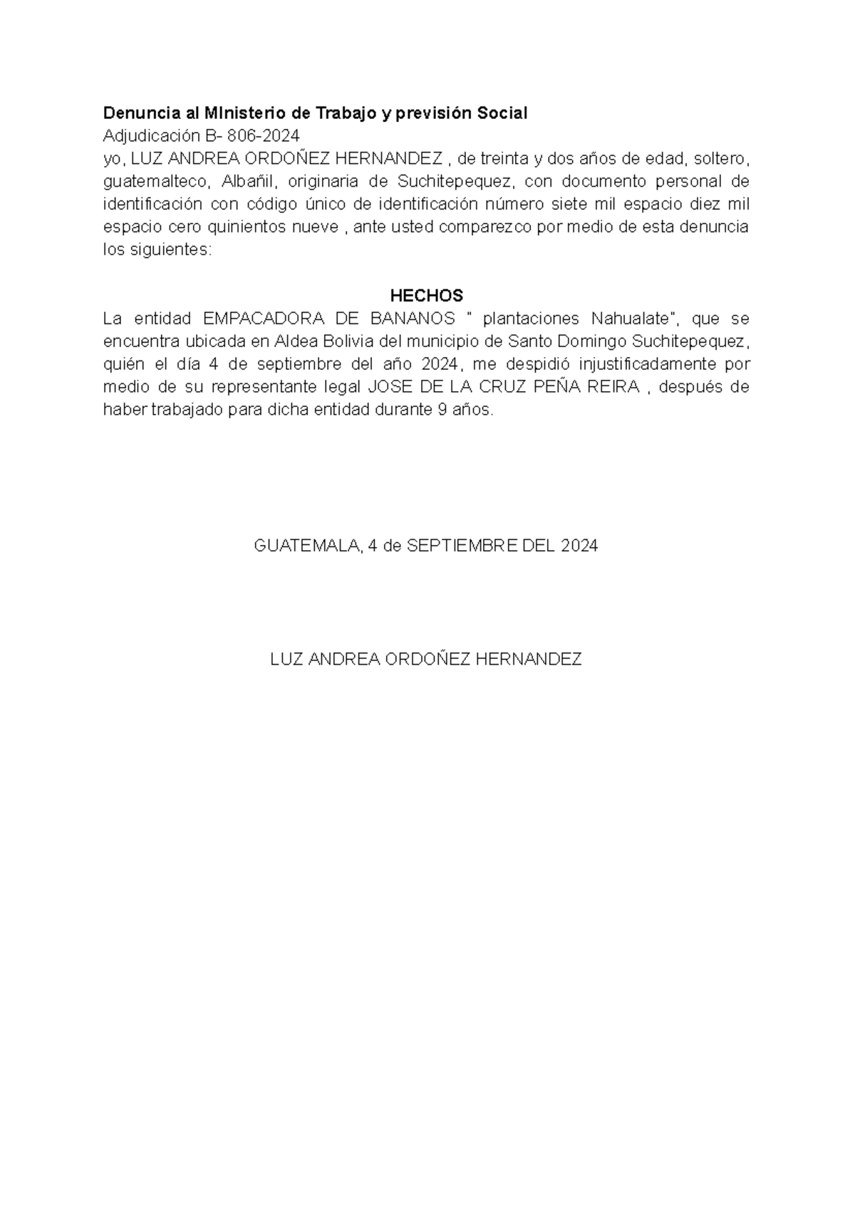 Denuncia Laboral ante el Ministerio de Trabajo - Caso B-806 - Studocu