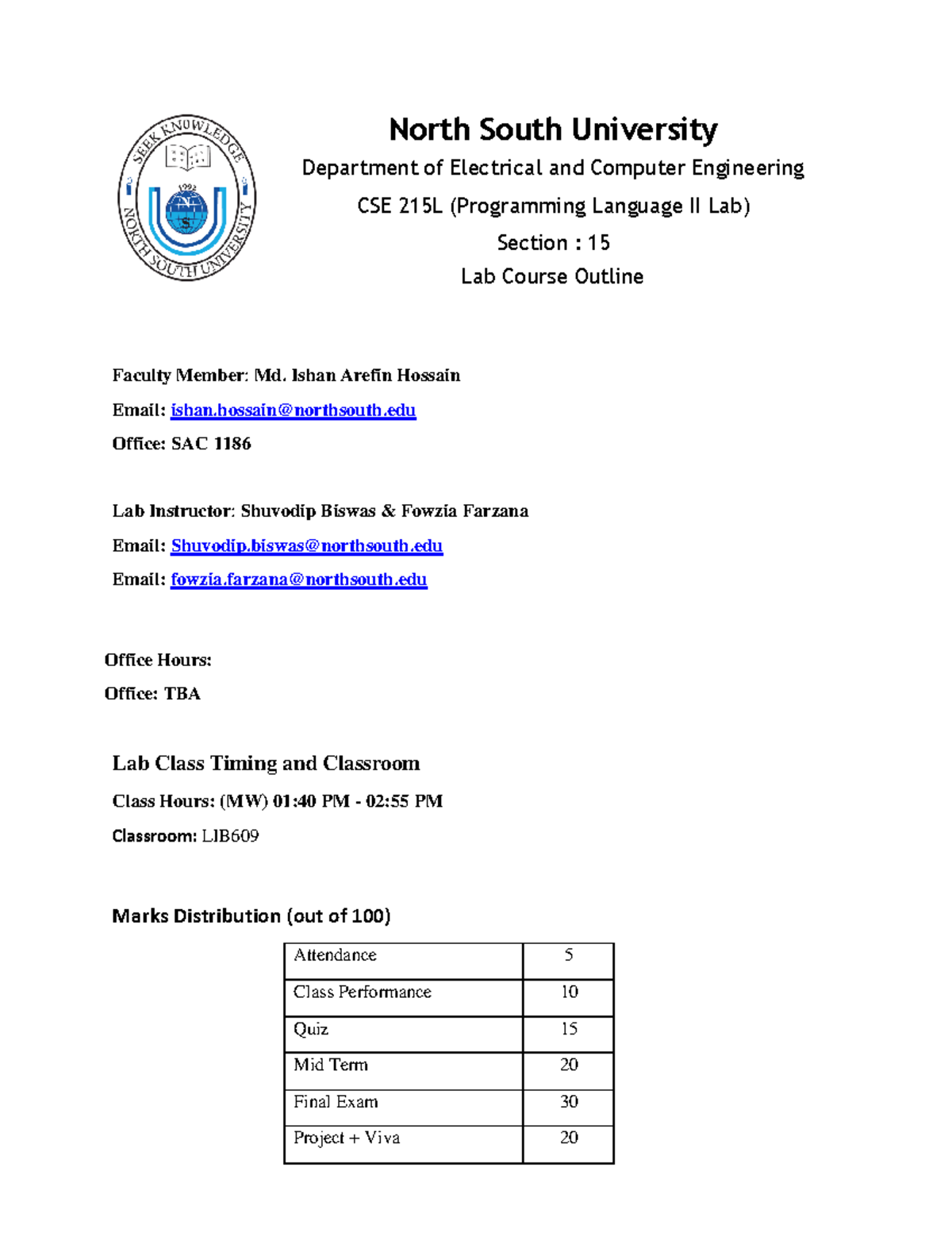 CSE215 Lab sec15 Course Outline - Faculty Member: Md. Ishan Arefin ...