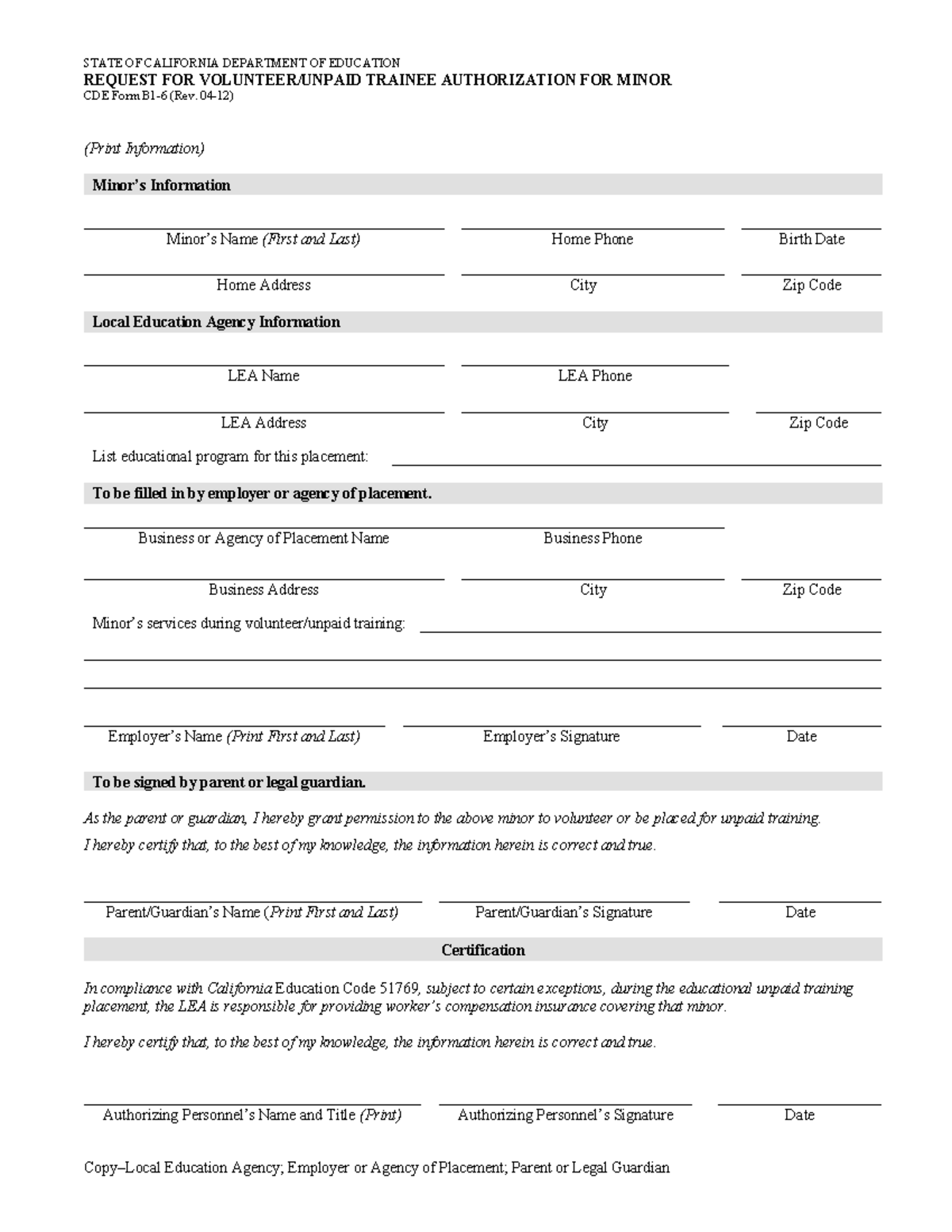 B1-6frm - Trainee Authorization Request for Minor - Unit 1 - Studocu