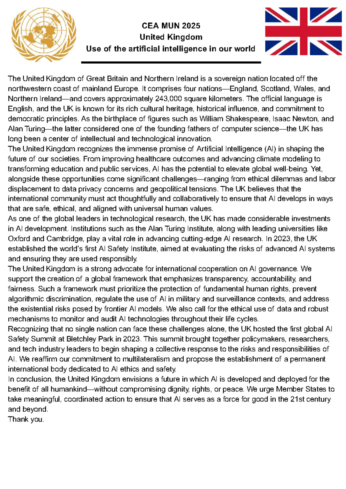CEA MUN 2025 Position Paper: UK & the Role of AI in Society - Studocu