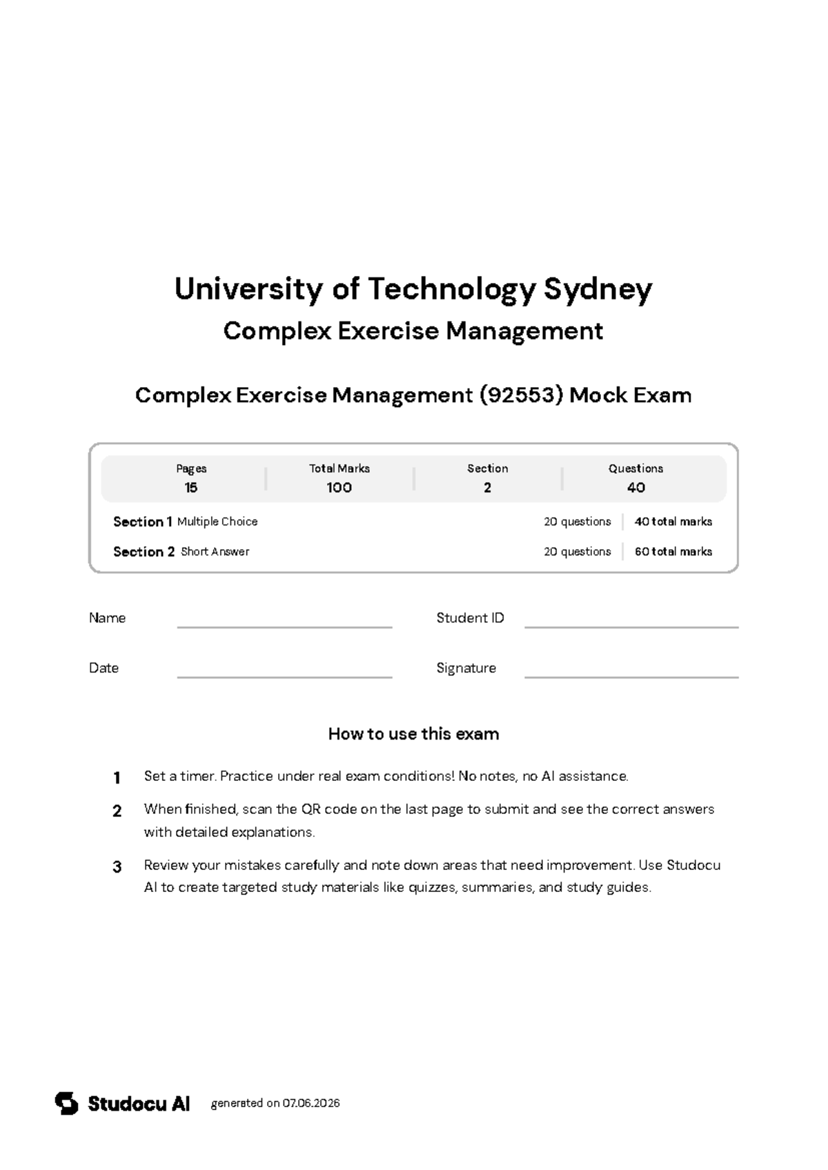 92553 Complex Exercise Management Mock Exam - Studocu
